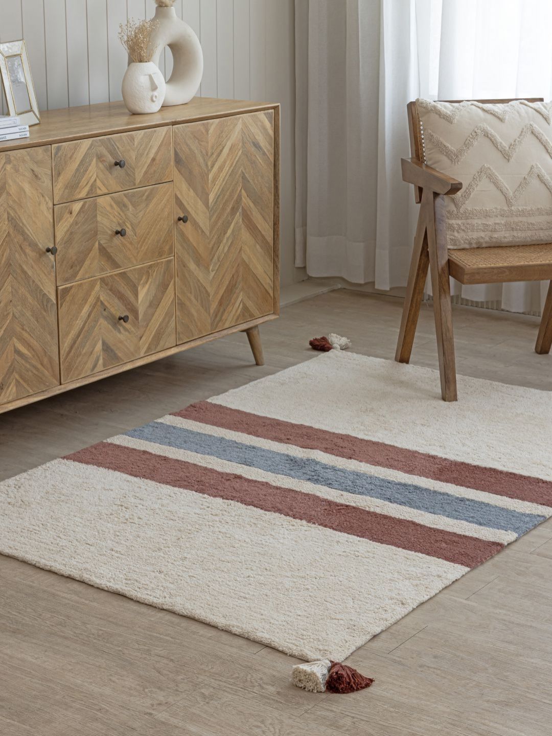 THEGASBH Cream Geometric Printed Shaggy Cotton Carpet-picture-36