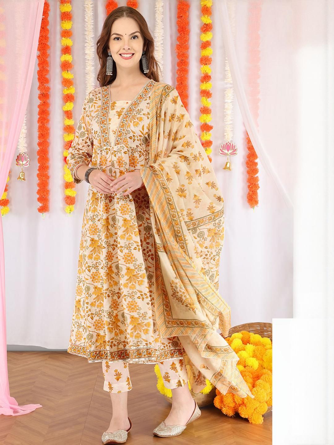 Anouk Women Yellow Pure Cotton Kurta Sets With Dupatta