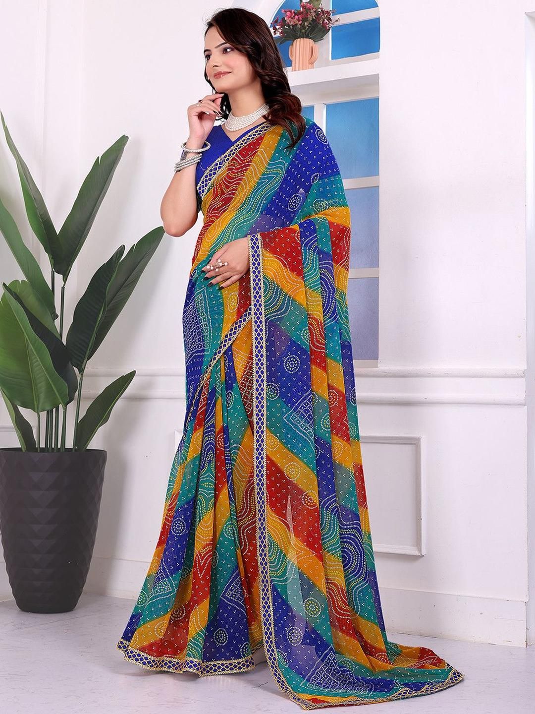 KANOODA Ethnic Motifs Printed Pure Georgette Bandhani Saree With Unstitched Blouse-picture-25