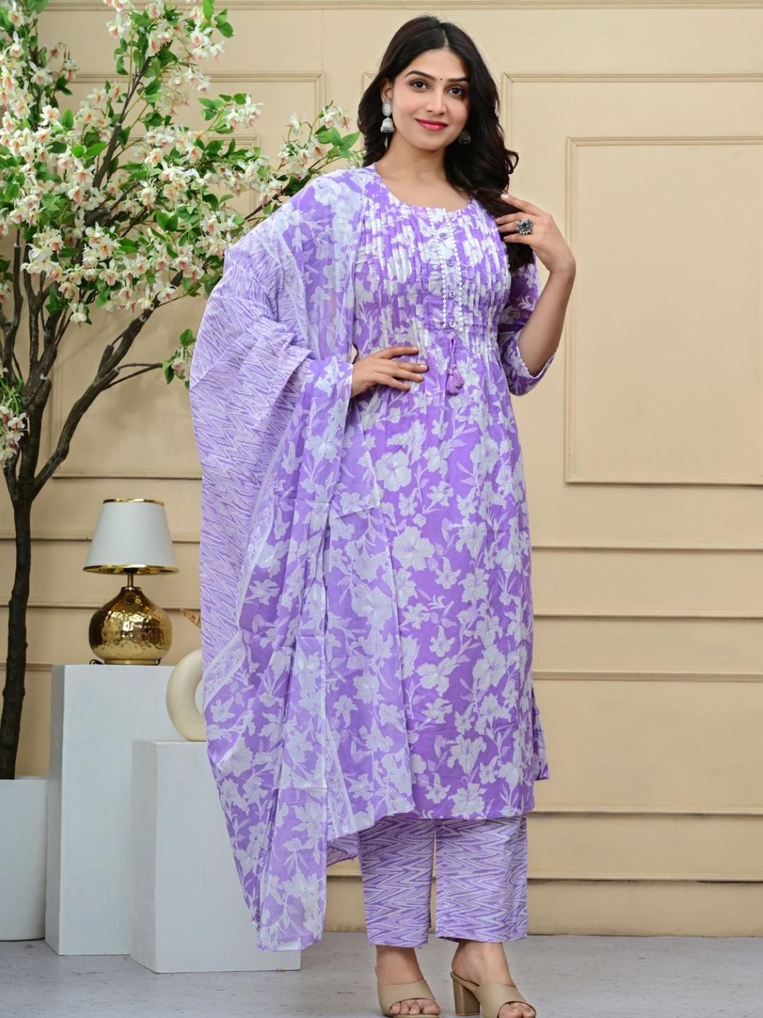 KALINI Women Purple Pure Cotton Kurta Sets With Dupatta