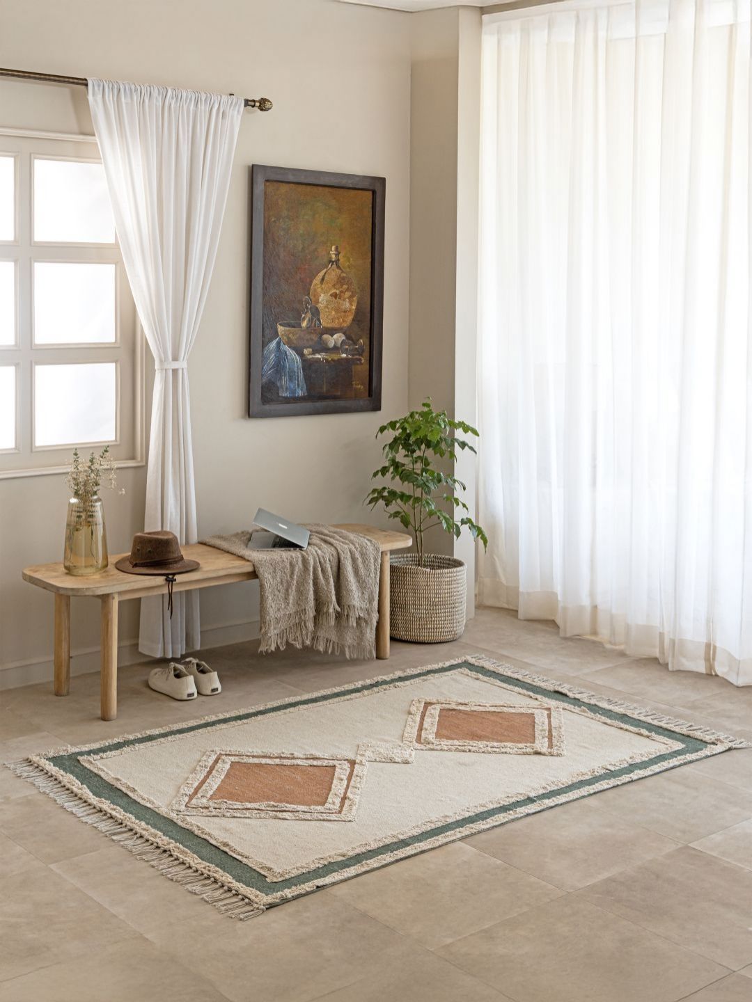 THEGASBH Cream Geometric Printed Cotton Carpet-image-48