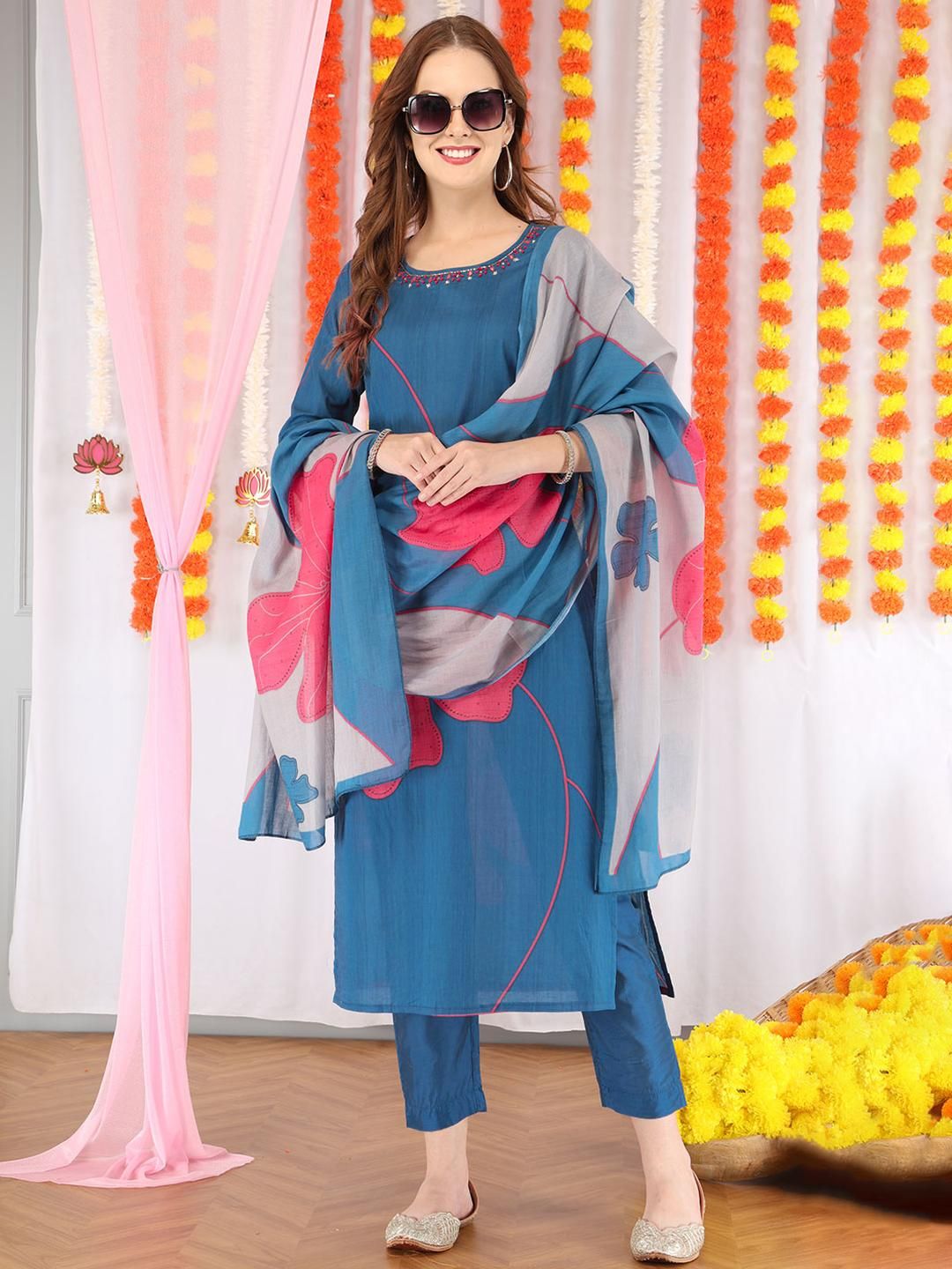 Anouk Women Blue Pure Cotton Kurta Sets With Dupatta
