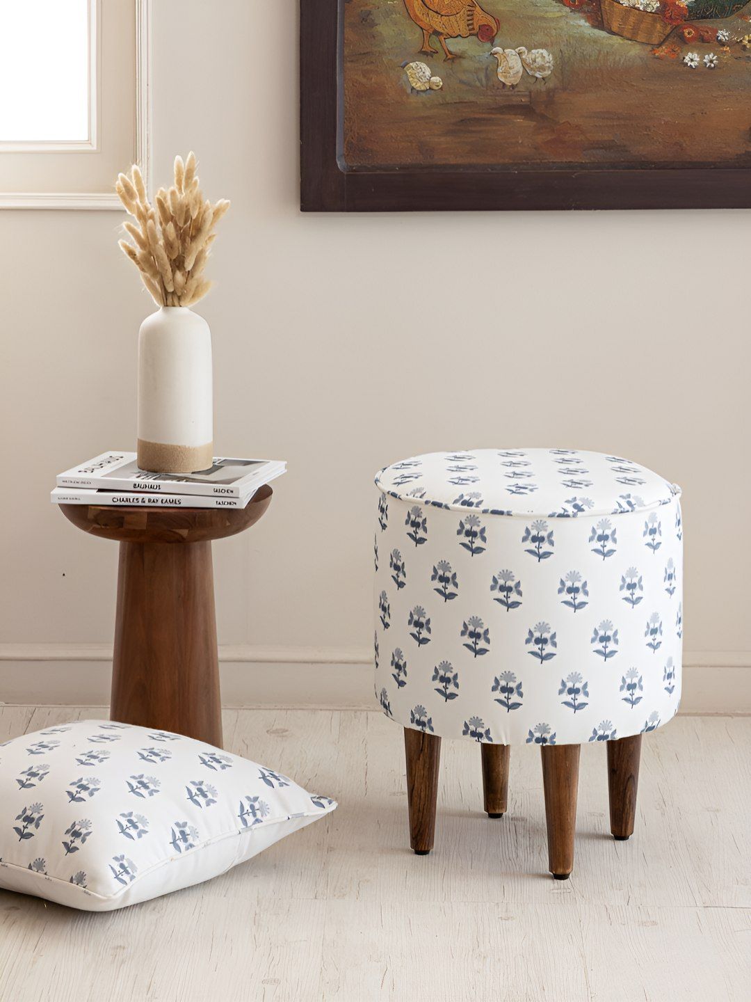 THEGASBH White & Blue Floral Printed Wooden Ottoman-image-34
