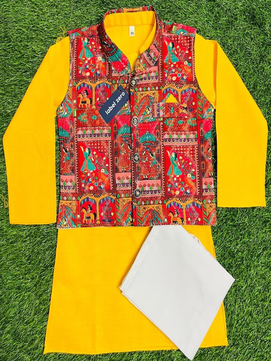 LABELZERO Kids-Unisex Yellow Cotton Blend Kurta Sets