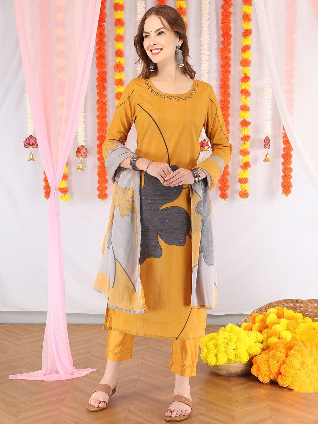Anouk Women Yellow Pure Cotton Kurta Sets With Dupatta