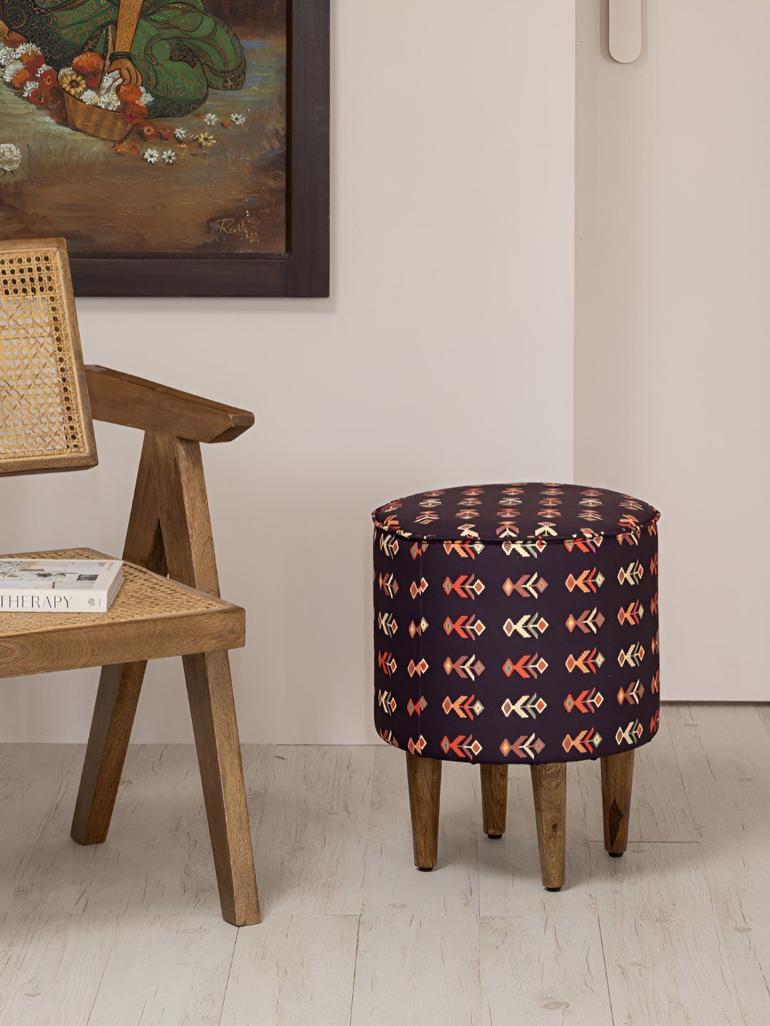 THEGASBH Navy blue & Orange Printed Wooden Ottoman-image-25