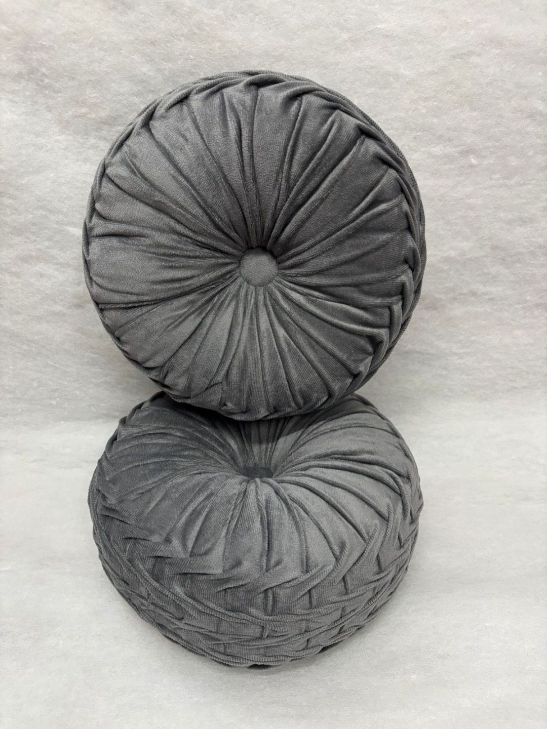 Myntra Elegant Homes 2-Pcs Grey Self-Designed Round Pumpkin Pre-FilledCushion-image-2