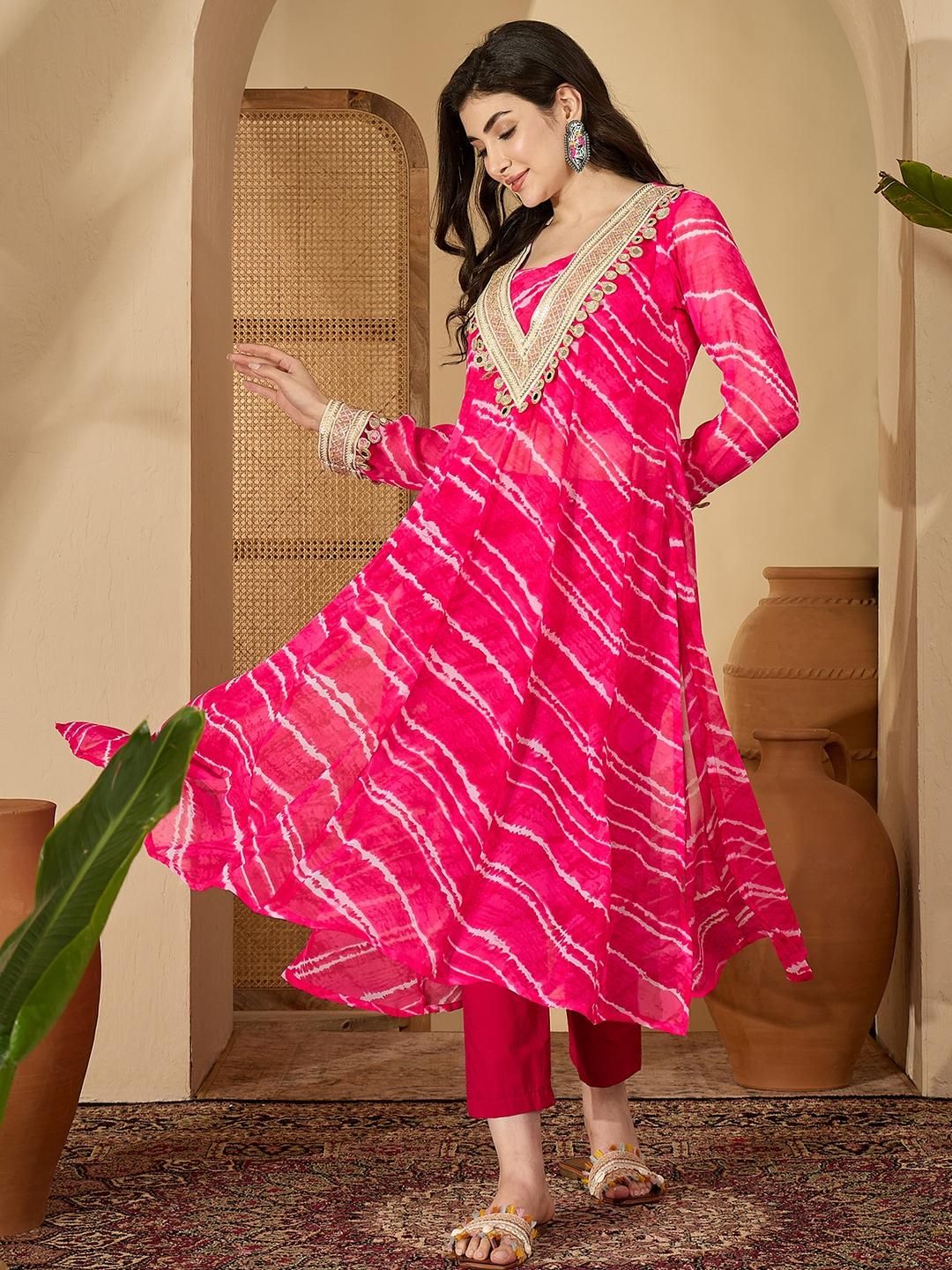 Sangria Women Leheriya Printed Regular Mirror Work Kurta with Trousers