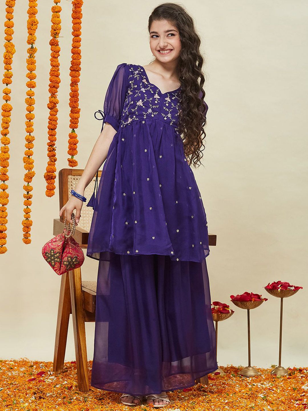 CurlyTales Girls Embroidered Sweetheart Neck Mirror Work Organza A-Line Kurta With Sharara-picture-58