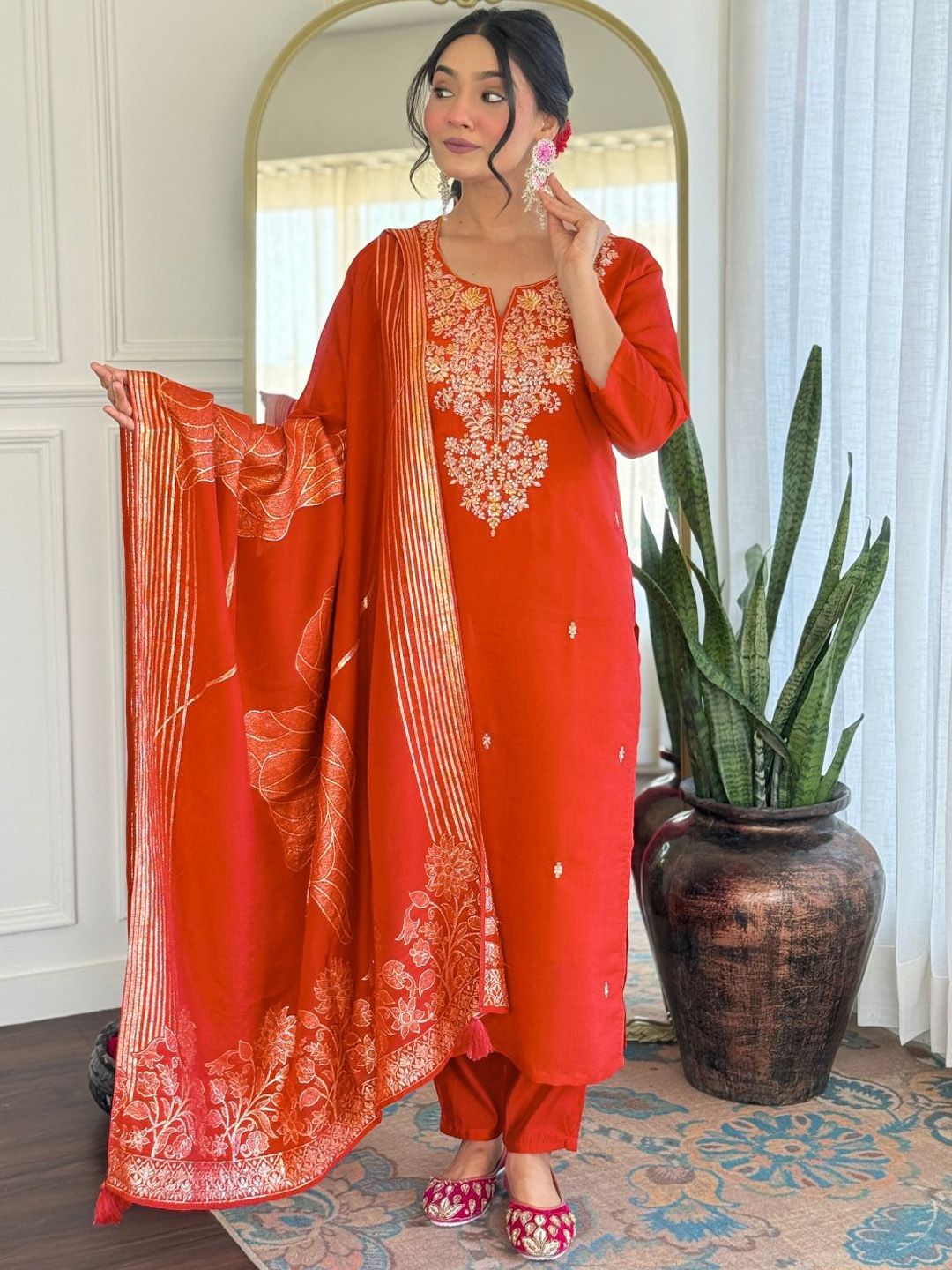 Brand Hill Embroidered Notch Neck Sequinned Chanderi Silk Kurta With Trousers & Dupatta