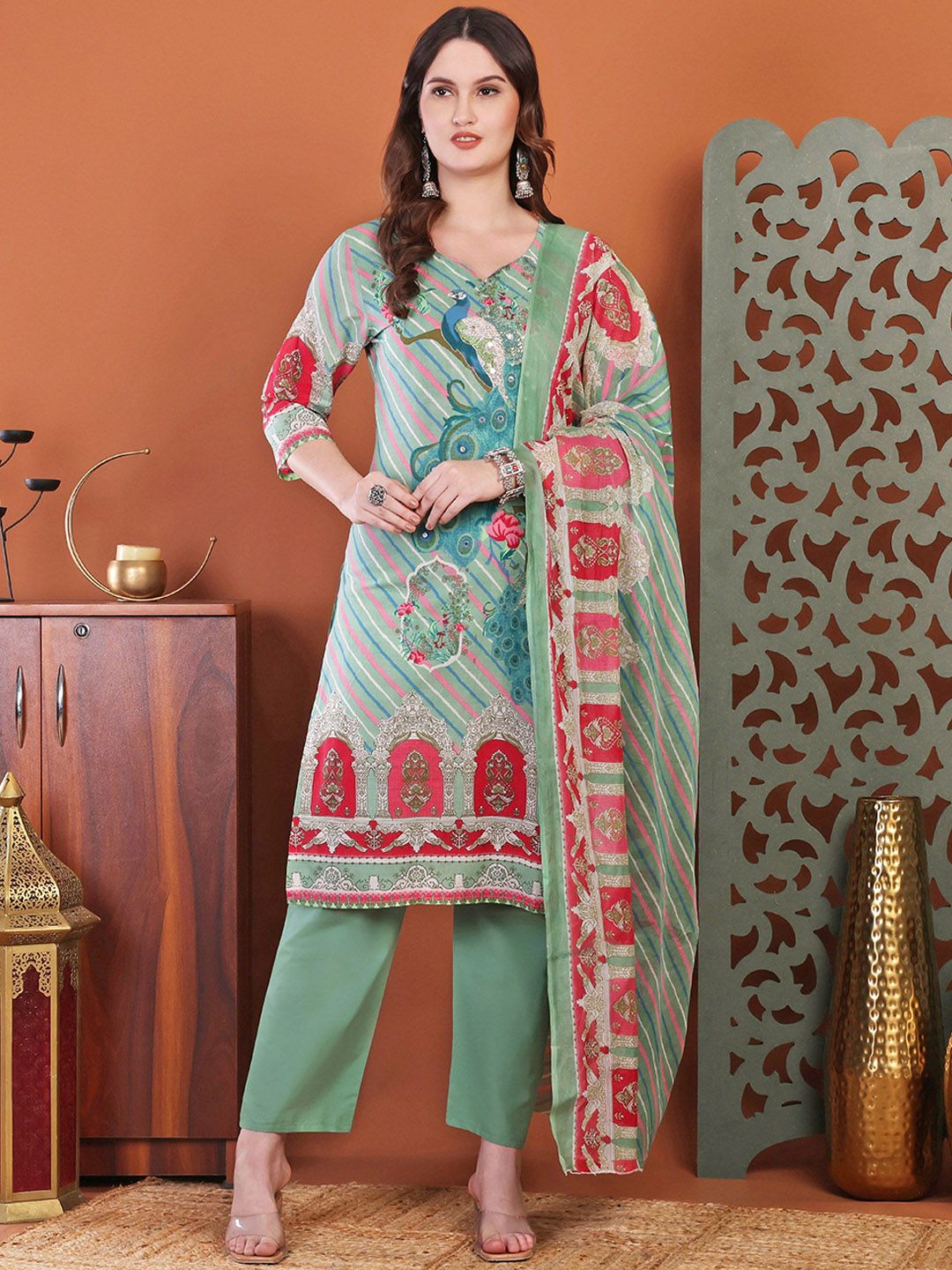 SINGNI Women Ethnic Motifs Printed Cotton Kurta with Trousers & Dupatta