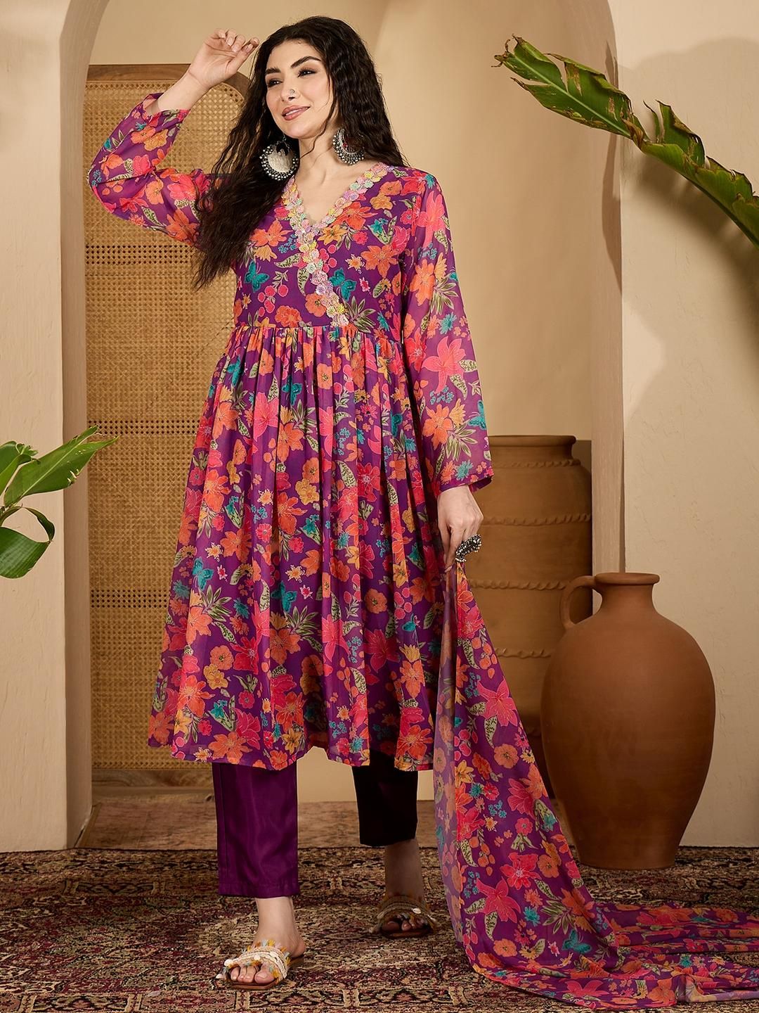 Sangria Women Printed Empire Sequinned Kurta with Trousers & Dupatta