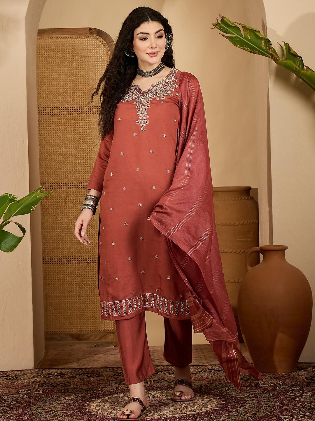 Sangria Women Embroidered Regular Sequinned Pure Silk Kurta with Trousers & With Dupatta