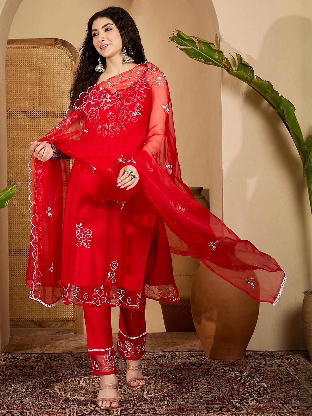 Sangria Women Red Embroidered Organza Sequined Kurta With Trouser & Dupatta