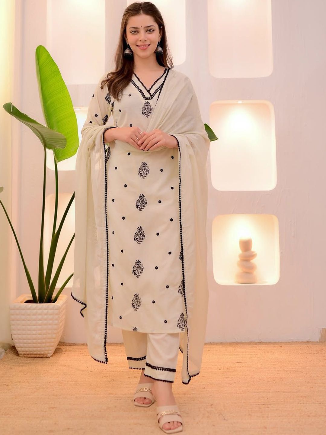 ZAIERRA Floral Embroidered V-Neck Sequinned Kurta With Trousers & Dupatta