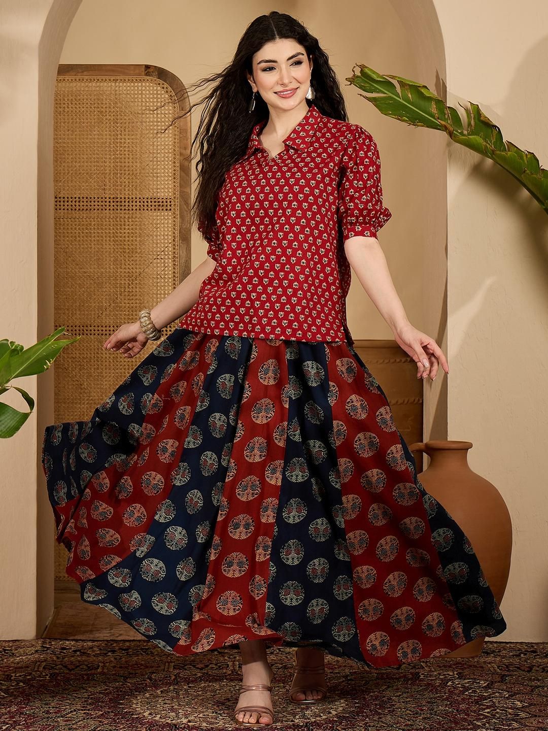 Sangria Women Maroon Ethnic Motif Cotton Co-Ord Set