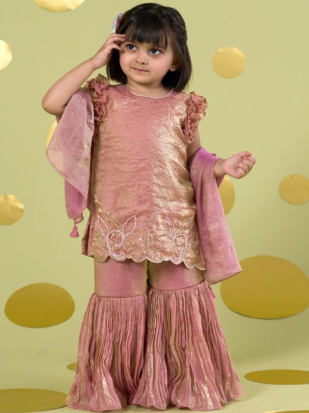 Vivedkids Girls Floral Embroidered Regular Kurta with Sharara & With Dupatta-picture-41