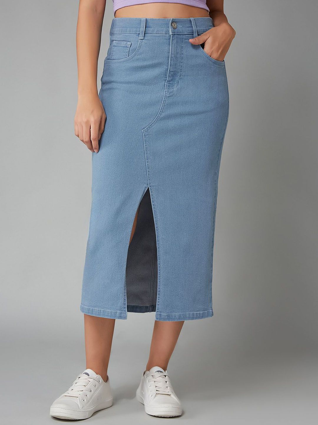 DOLCE CRUDO Rain Froze Midair High Rise Stretchable Denim Straight Midi Skirt-picture-11