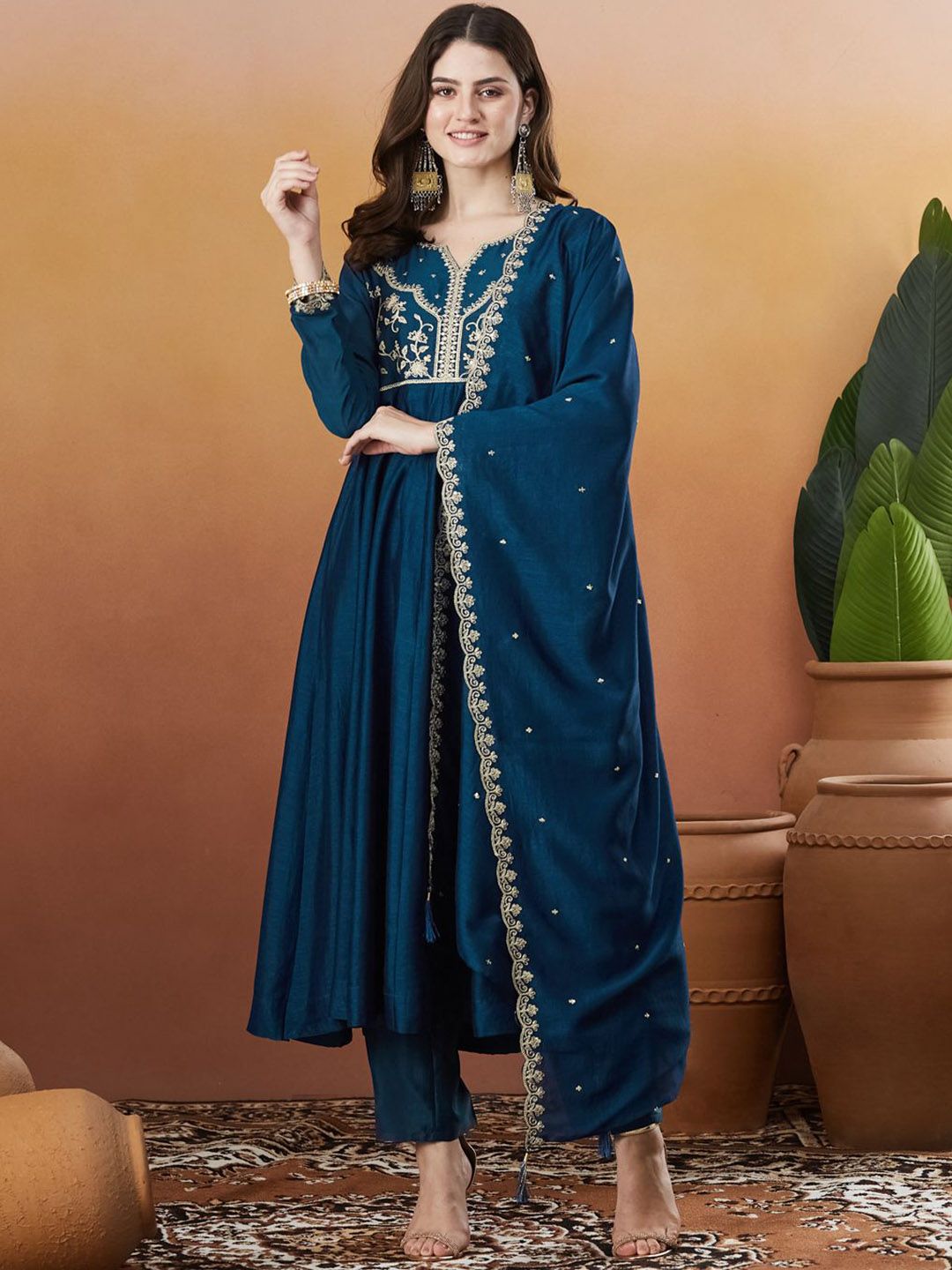 MOKOSH Women Ethnic Motifs Embroidered Anarkali Kurta with Trousers & Dupatta