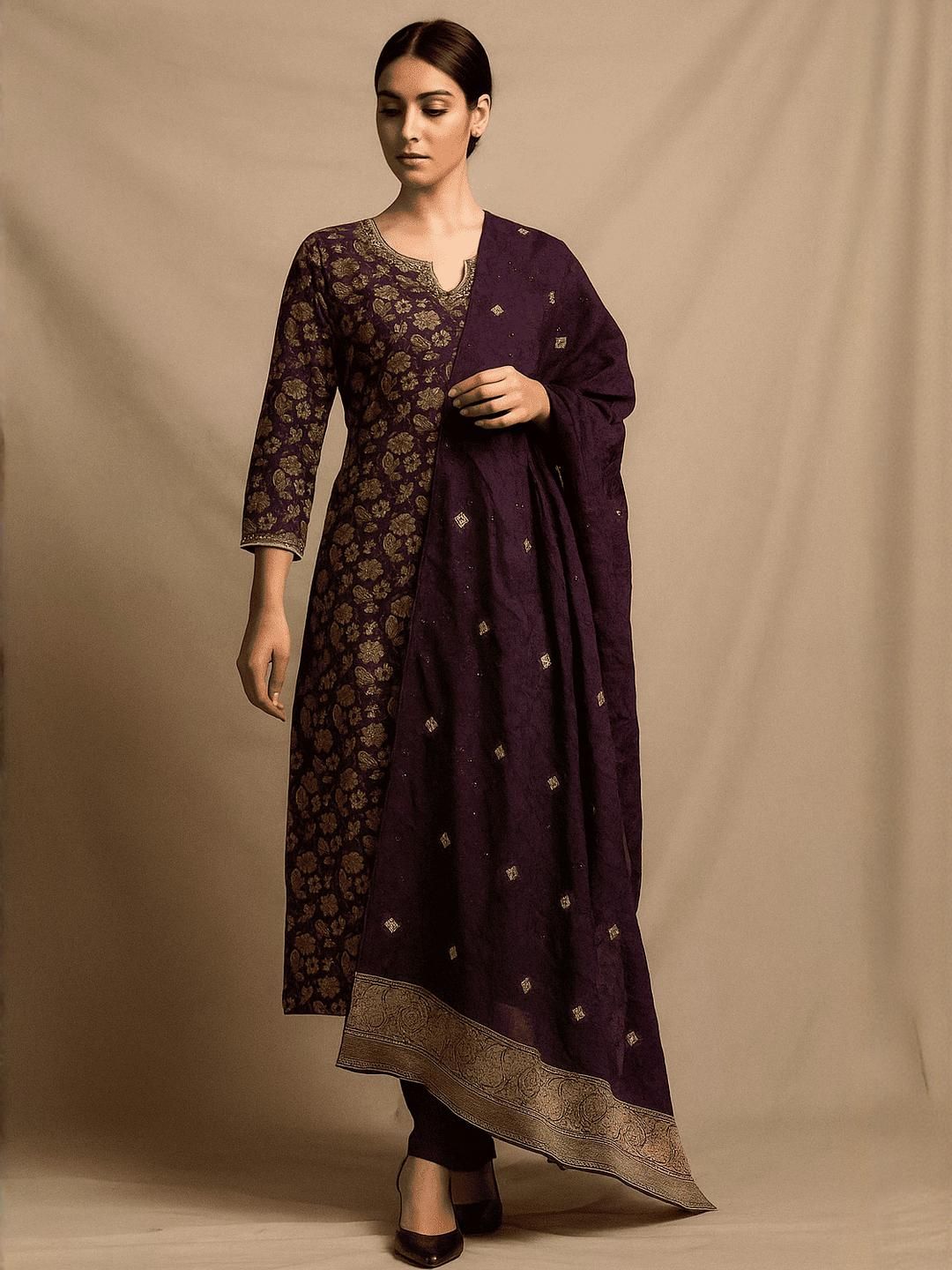 HERE&NOW Women Floral Embroidered Regular Chanderi Silk Kurta With Trousers & Dupatta