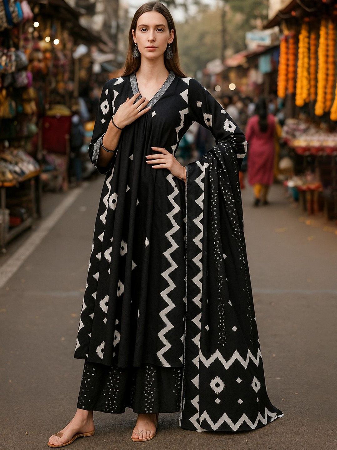 Lookmark Ethnic Motifs Printed A-Line Kurta With Trousers & Dupatta