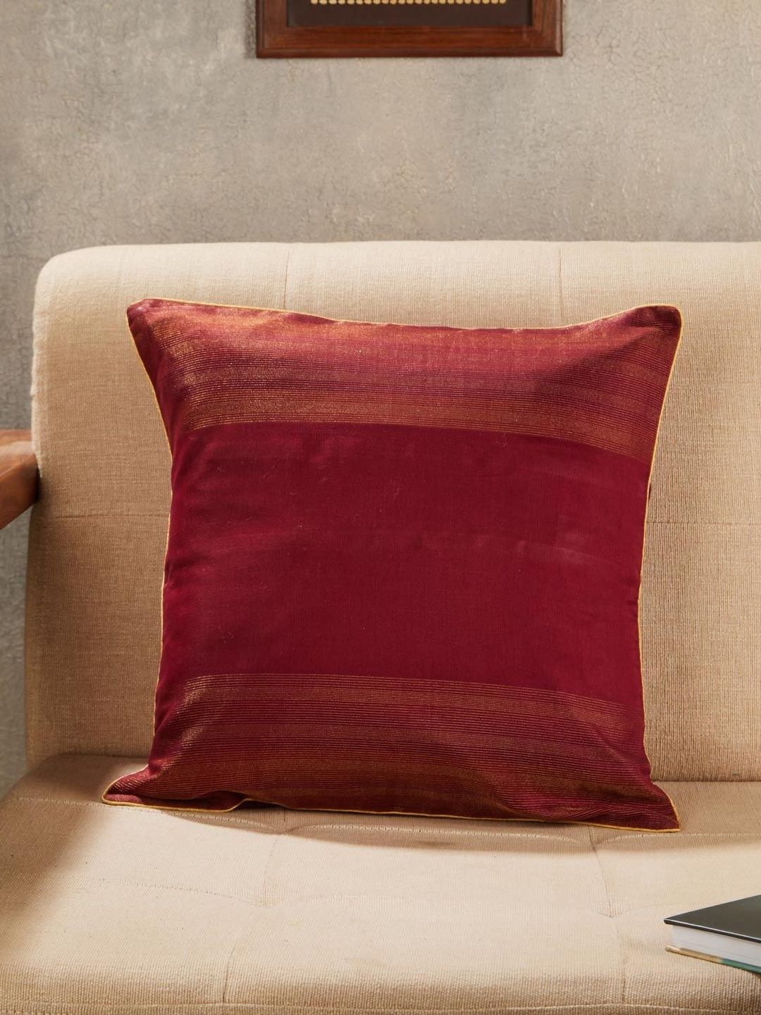 Fabindia Jalsa Maroon & Gold-Toned Self Design Cotton Silk Square Cushion Cover-picture-32