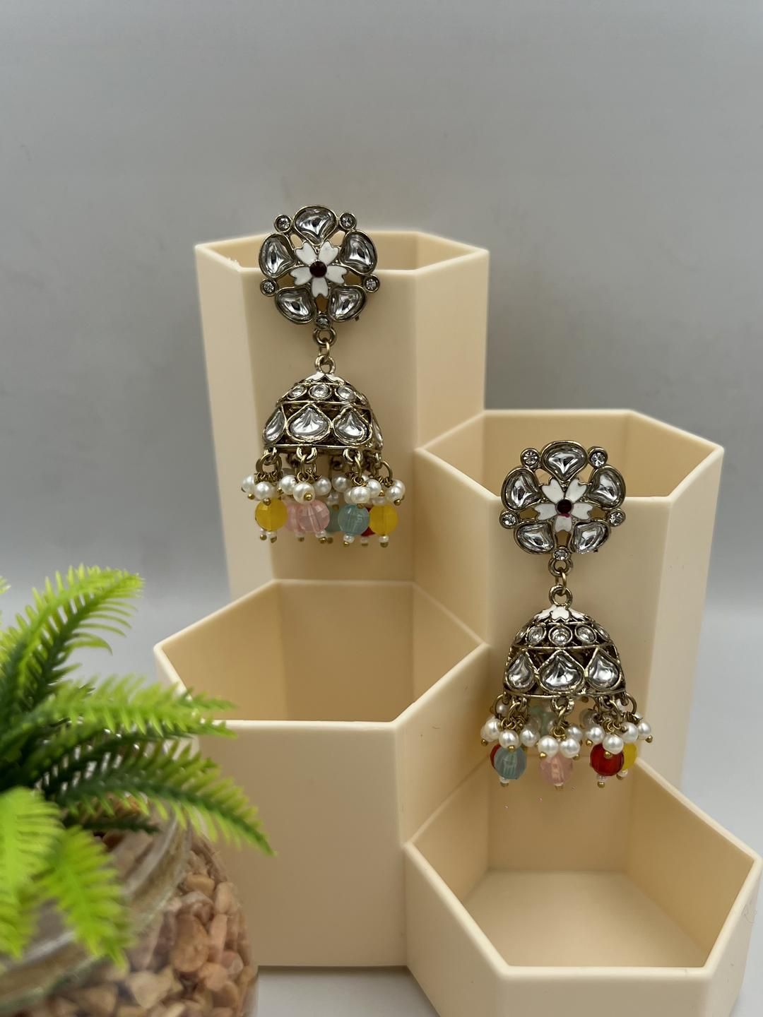 Fashion Theme Brass Kundan Circular Jhumkas Earrings-picture-37