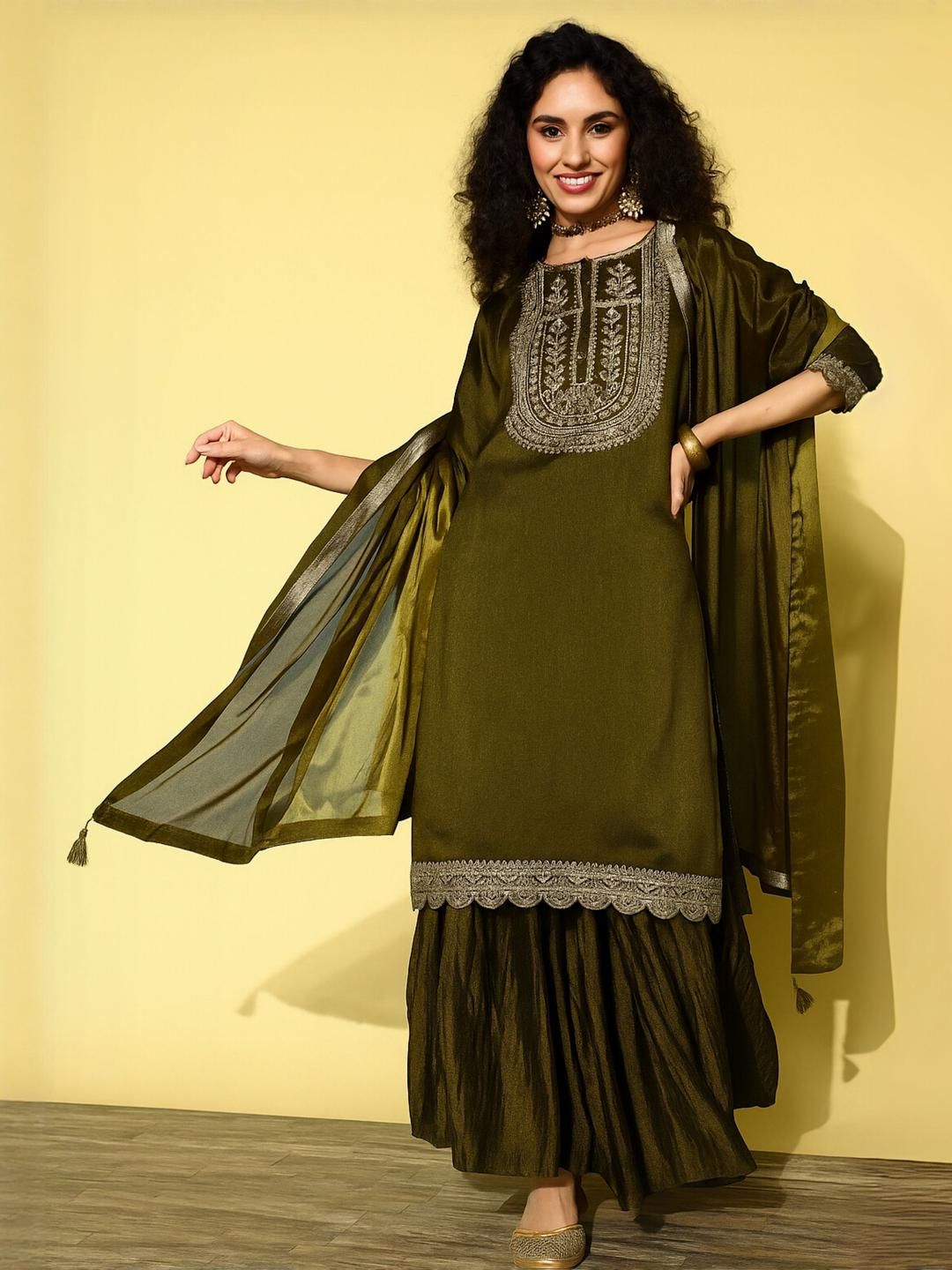 KALINI Women Embroidered Regular Kurta with Trousers & With Dupatta