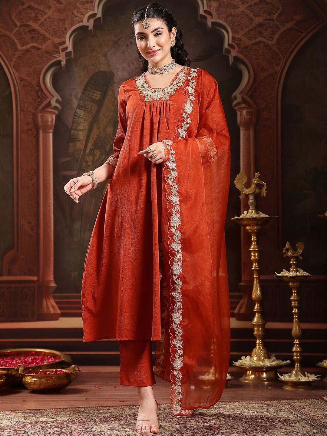 Stylum Women Solid Embroidered Anarkali Kurta with Trousers & Dupatta