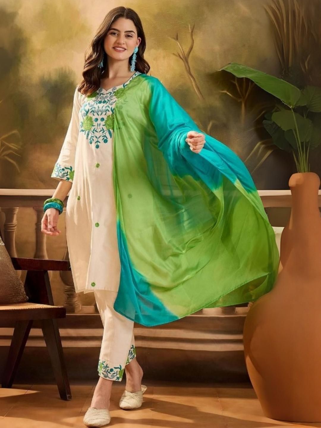 KALINI Women Blue & Cream &Green Embroidered Kurta With Trousers & Dupatta