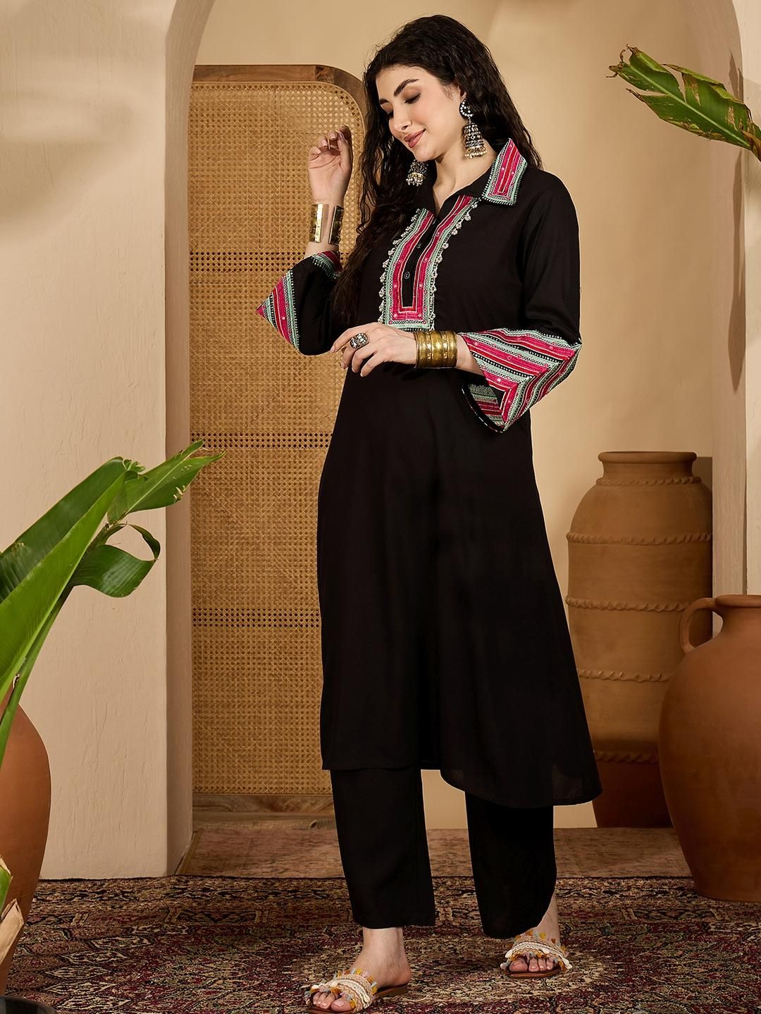 Sangria Women Black Embroidered Rayon A-Line Kurta Set