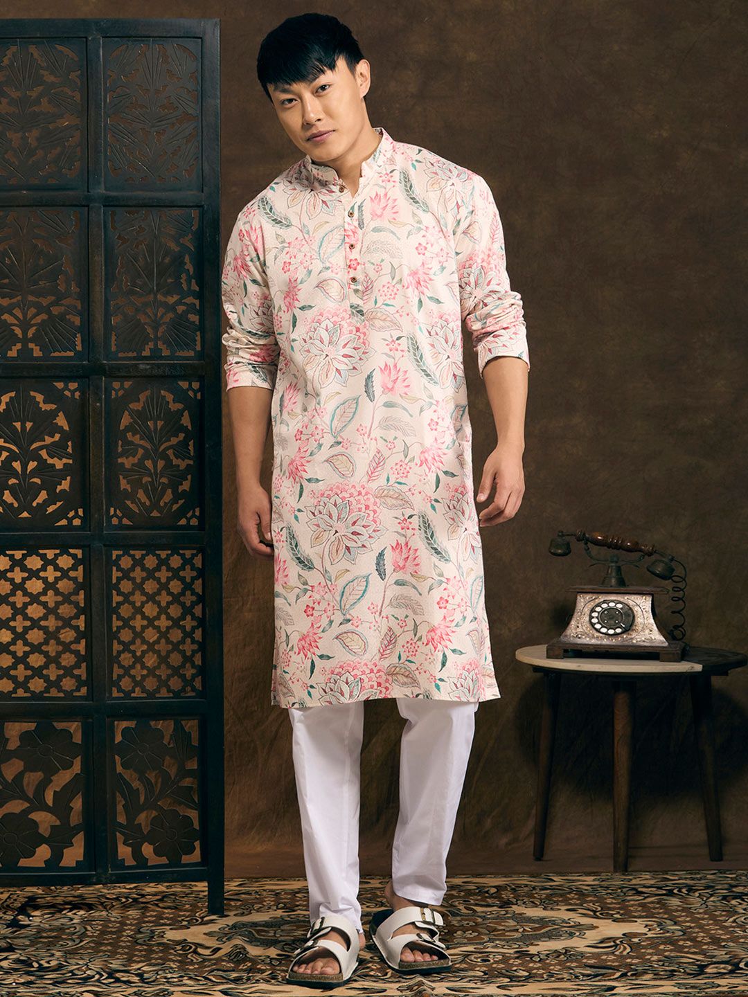 BELLAZO Floral Printed Mandarin Collar Pure Cotton Straight Kurta-picture-46