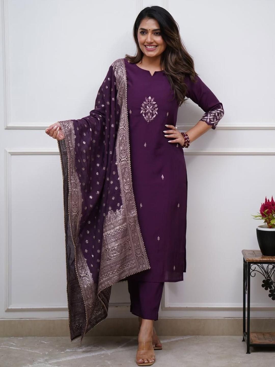 KALINI Floral Embroidered Chanderi Silk Kurta with Trousers & Dupatta