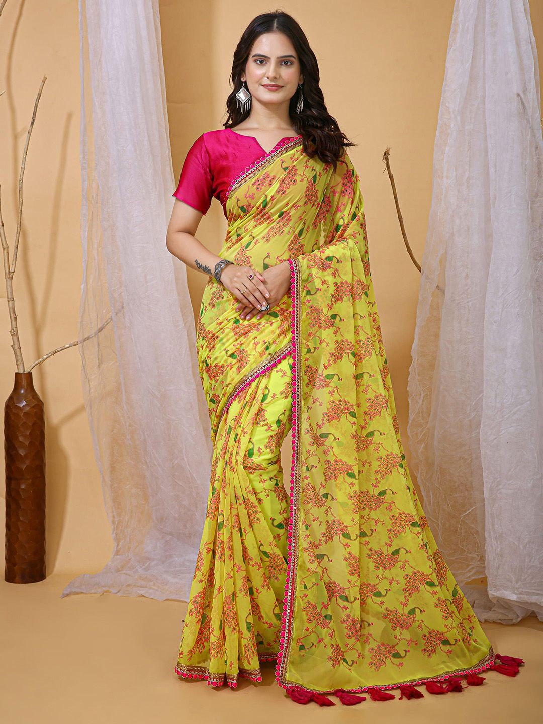 Mitera Floral Printed Saree with Embroidered Border-picture-23