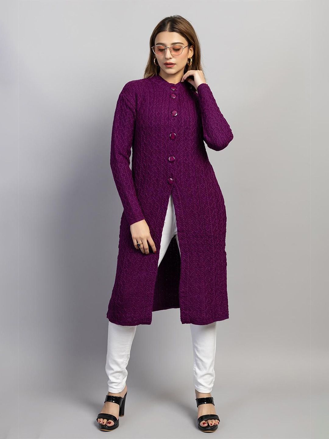 Dart Line Women Cable Knit Self Design Round Neck Longline Cardigan-picture-12