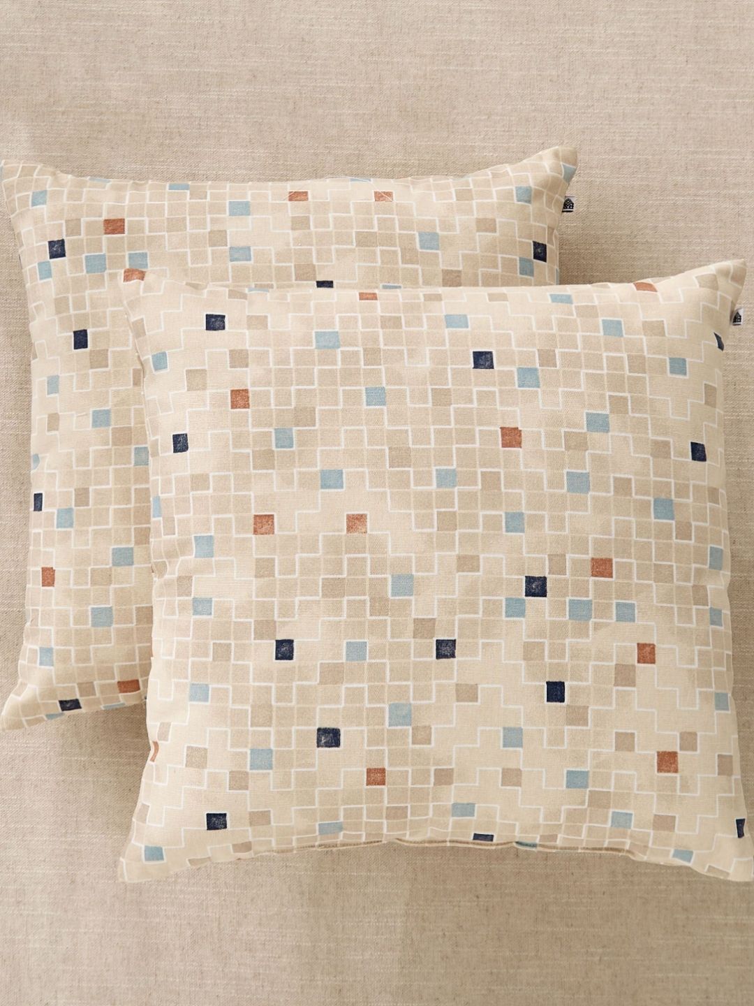 Home Centre Brown & White 2 Pieces Geometric Printed Cotton Square Shaped Filled Cushions-image-47