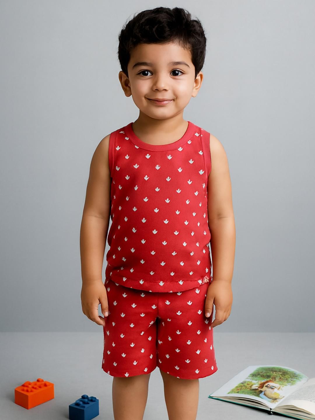 YK Kids Red Printed Round Neck Cotton Top With Shorts-picture-10