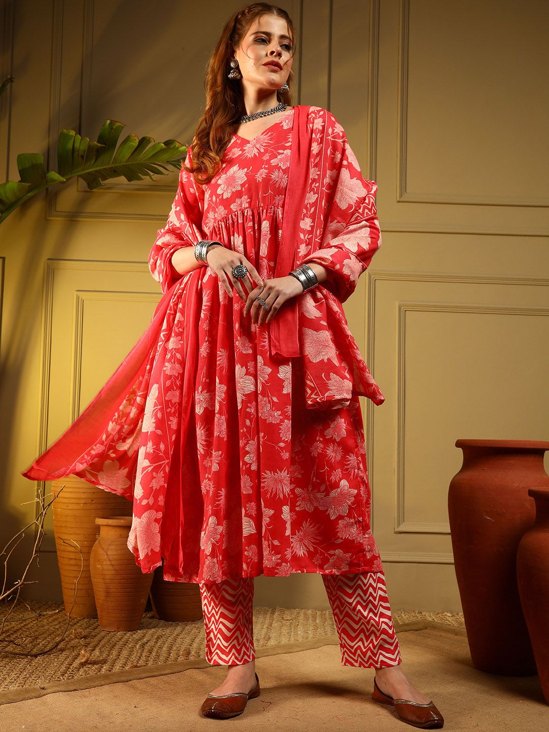 KULDEVYANI Ethnic Motifs Printed Regular Pure Cotton Kurta With Trousers & Dupatta
