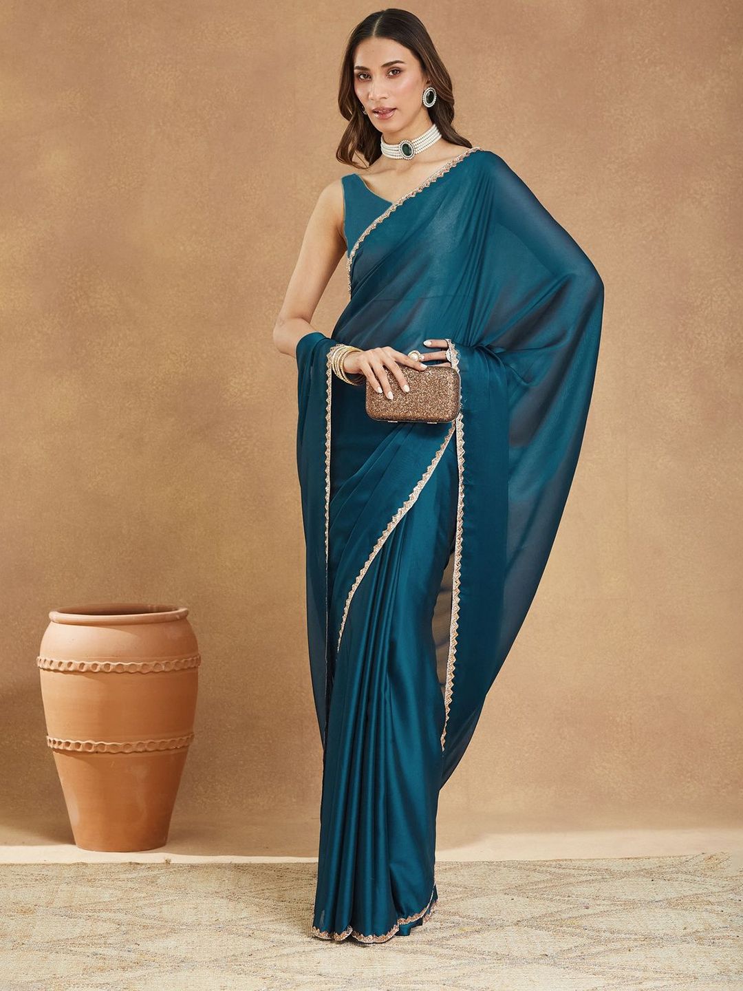 LOROFY Embellished Beads and Stones Border Baluchari Saree with Blouse Piece-picture-32