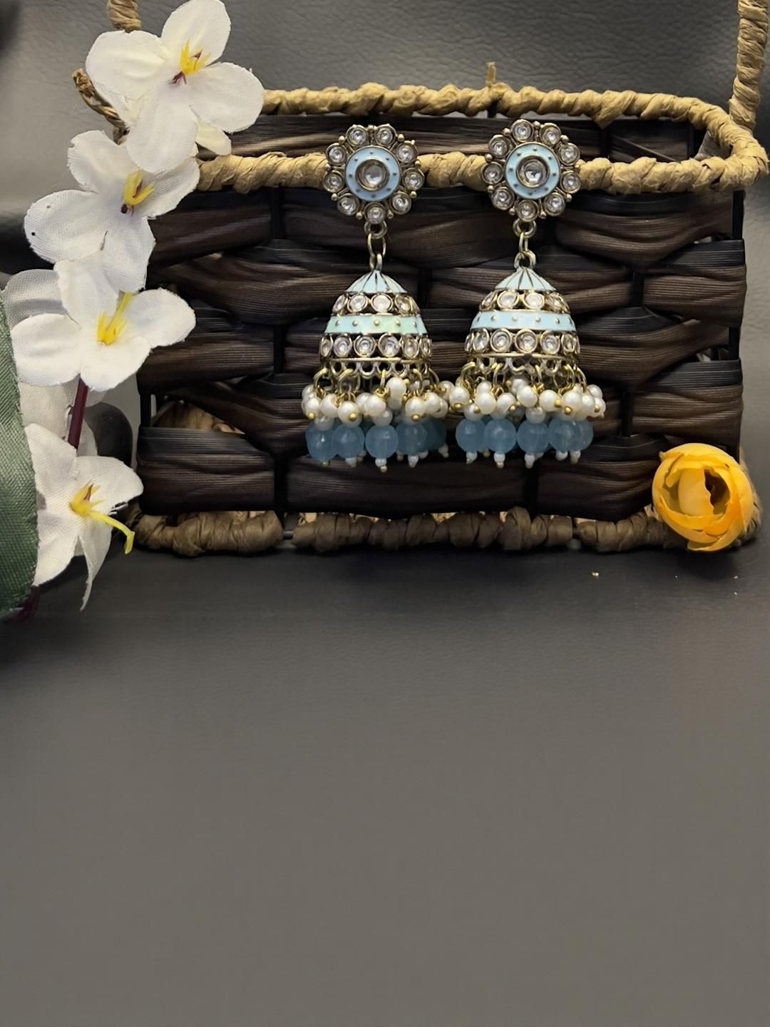 Fashion Theme Women Turquoise Blue Floral Brass-Plated Jhumkas Earrings-picture-29