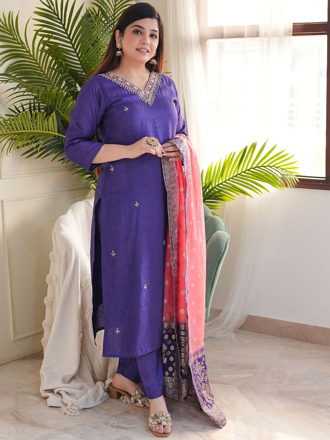 ZAIERRA Embroidered Sequinned V-Neck Kurta With Trousers & Dupatta