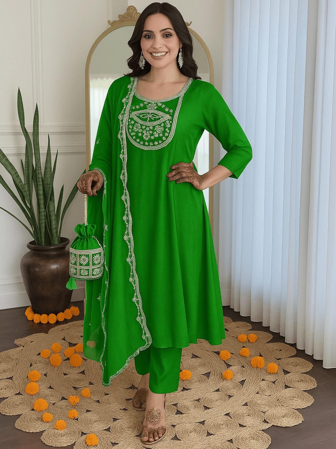 HERE&NOW Women Embroidered Chanderi Silk Anarkali Kurta with Trousers And Dupatta