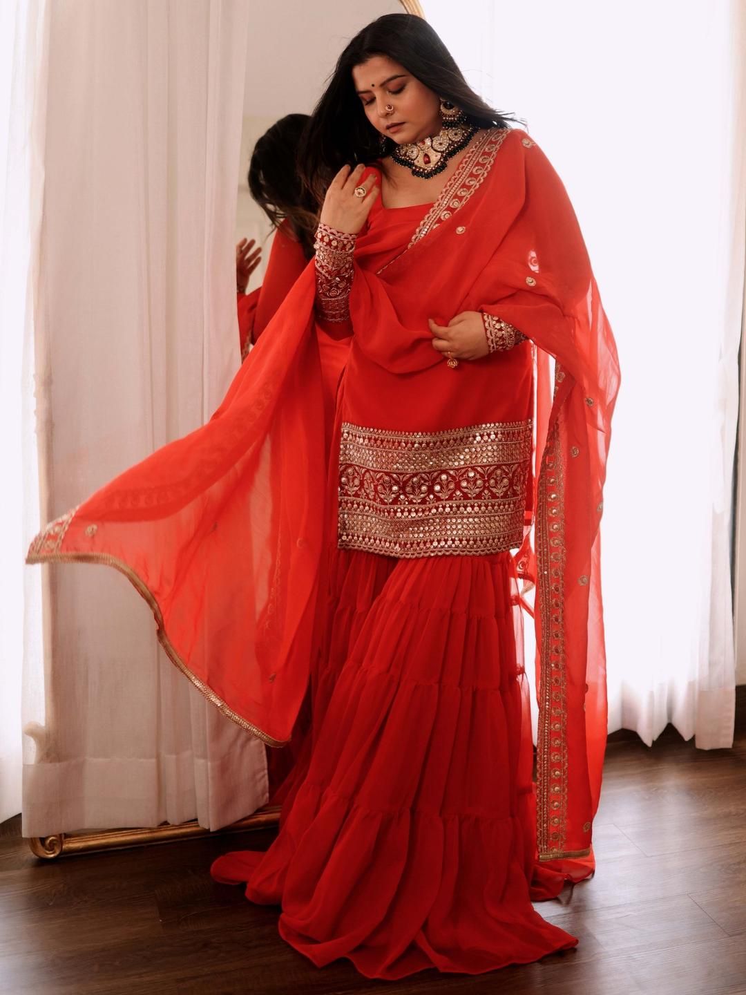 KALINI Orange Georgette Round Neck Straight Embroidered Kurta & Sharara Set with Dupatta