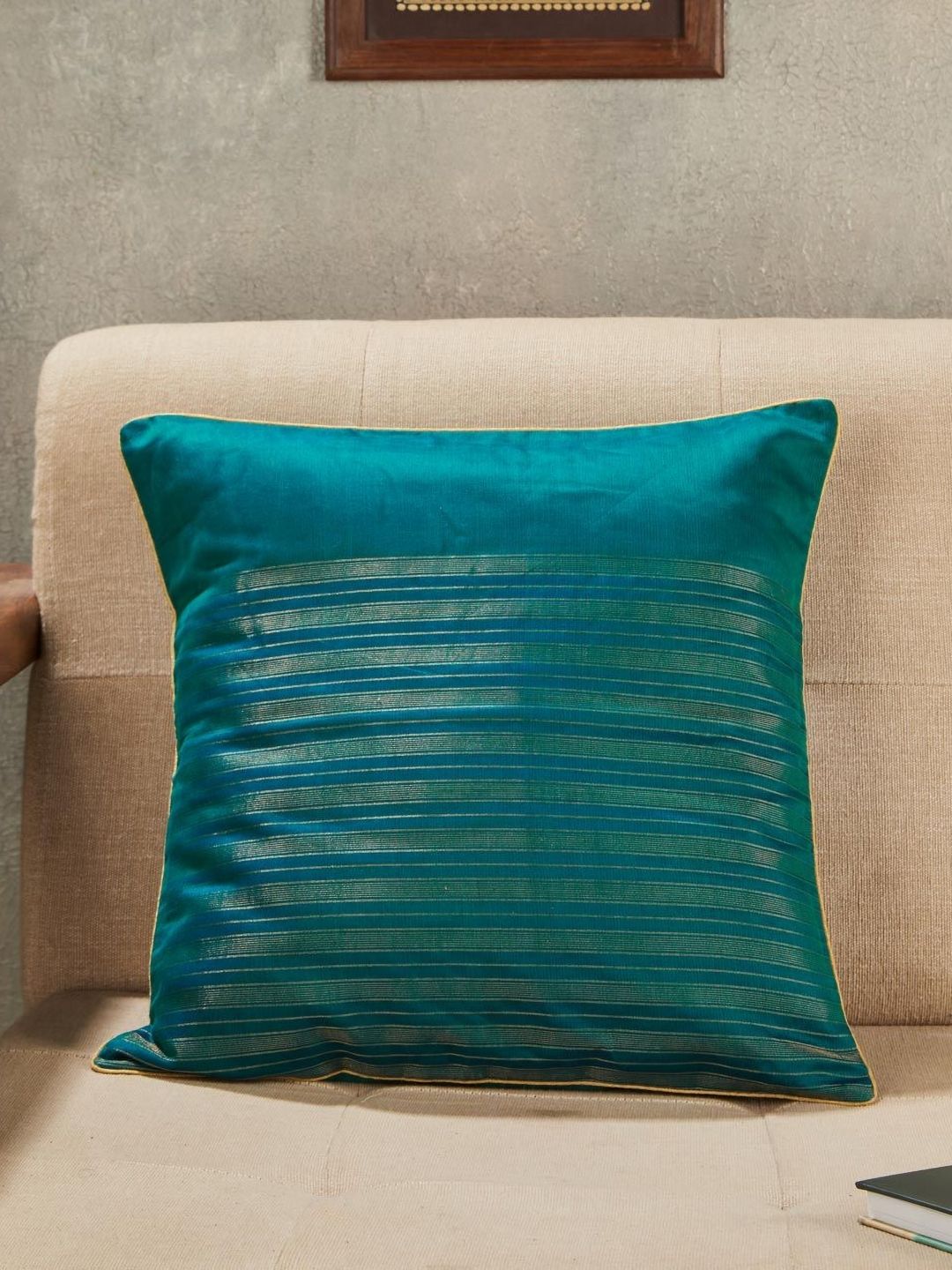 Fabindia Jalsa Teal Self Design Cotton Square Cushion Cover-picture-23