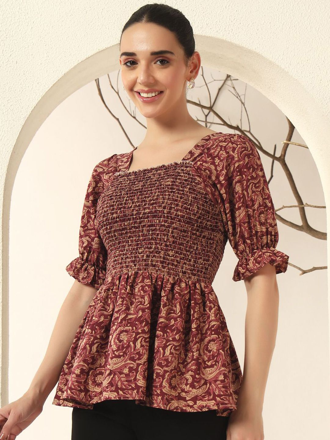 ZWERLON Women Floral Printed Puff Sleeve Smocked Peplum Top-picture-38