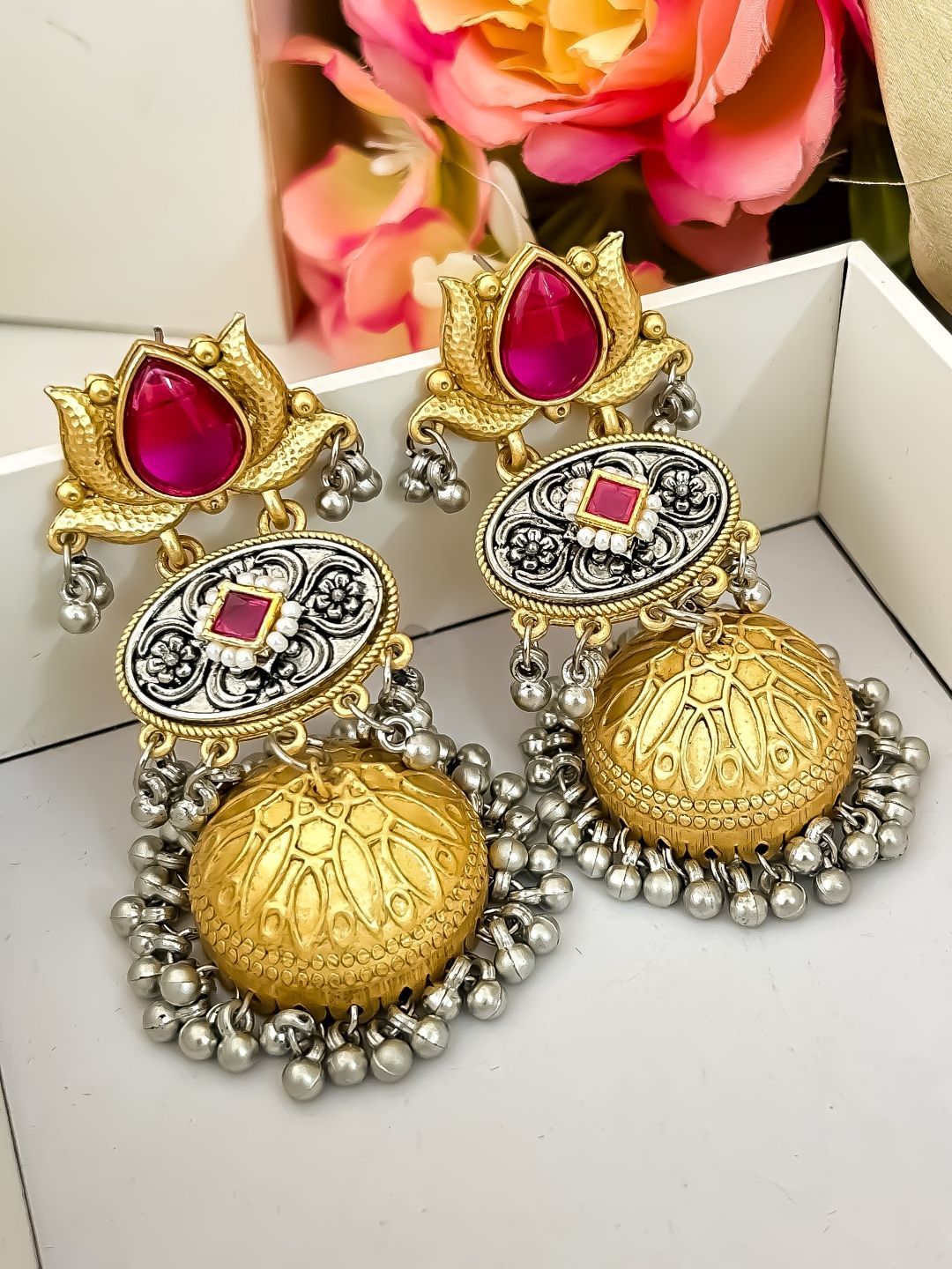 Zeviel Gold-Plated Stones Studded & Ghungroo Beaded Oxidised Dome Shaped Jhumkas-picture-26