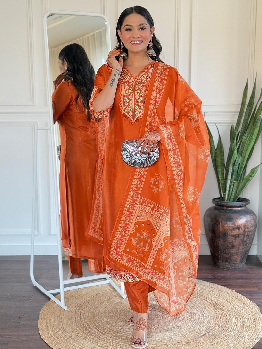HERE&NOW Women Orange Embroidered Regular Chanderi Silk Kurta With Trousers With Dupatta