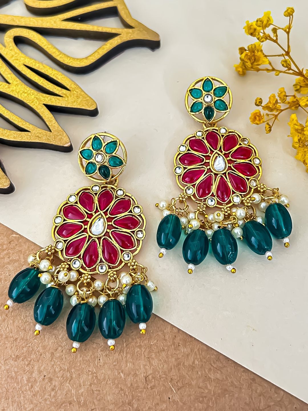 Zeviel Contemporary Gold-Plated Stones Studded & Beaded Floral Shaped Drop Earrings-picture-55
