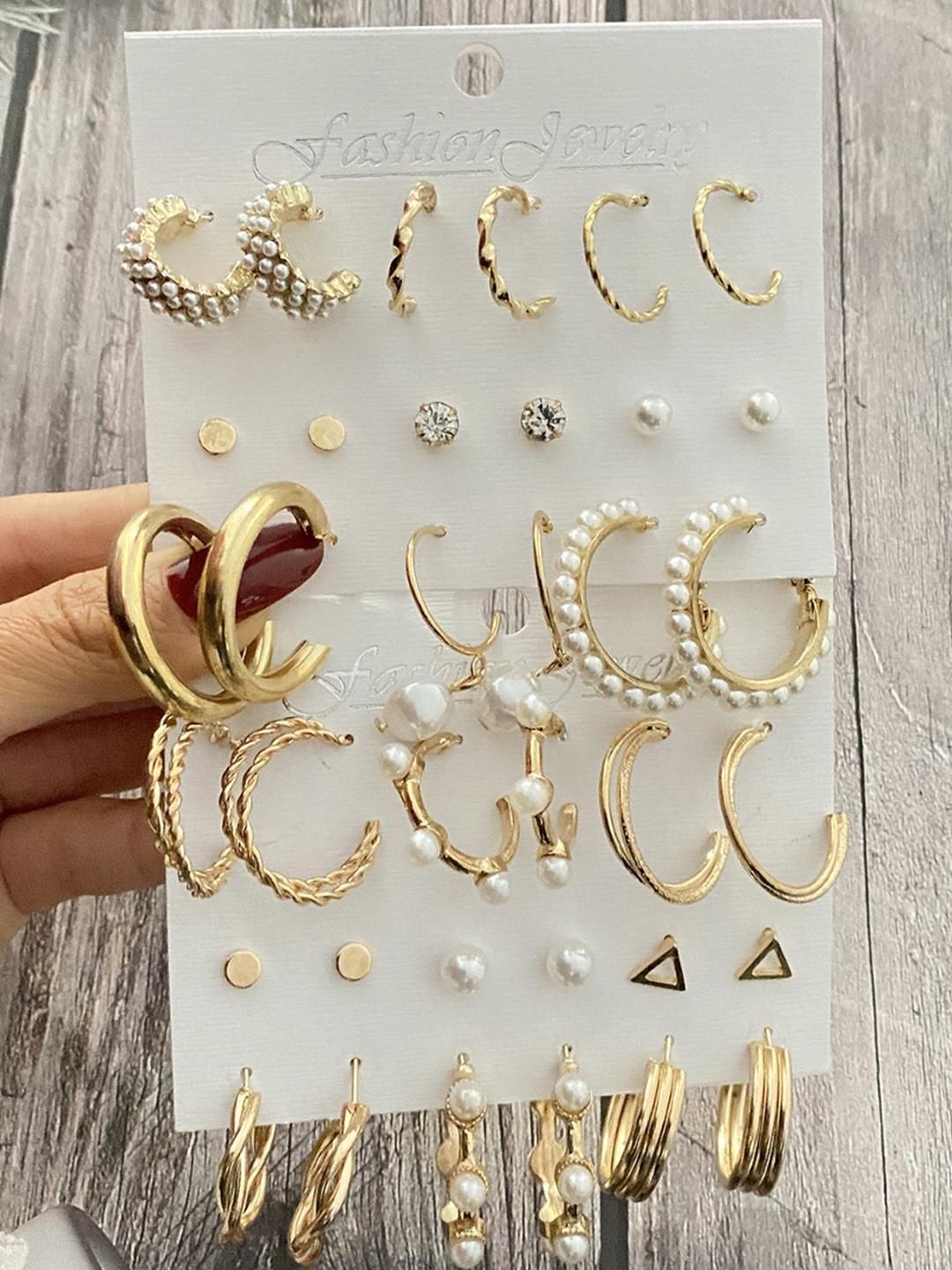 Vembley Gold Plated Hoops Drop Tiny & Studs Earrings Set-picture-39