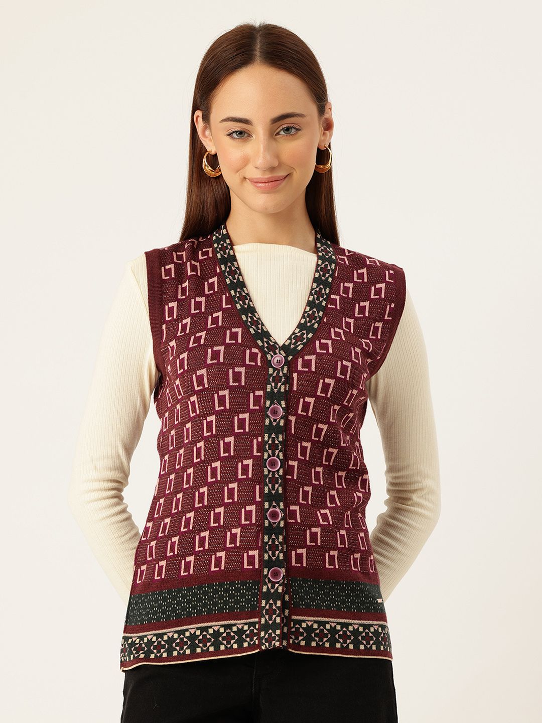 Monte Carlo Geometric Self-Design V-Neck Button-Down Cardigan